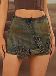 Denimoi Asymmetric Wrap Overlay Denim Skort - Medium Wash - View 4