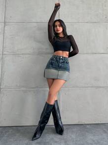 ZIRRA Chân váy denim ngắn màu xanh nhạt dành cho nữ, có viền tương phản. - Rửa tối - Xem 4