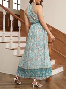 Breezaya Giường đôi In Mô hình hoa Eo Thắt lưng Halter Neck Đầm - Nhiều màu - Xem 2