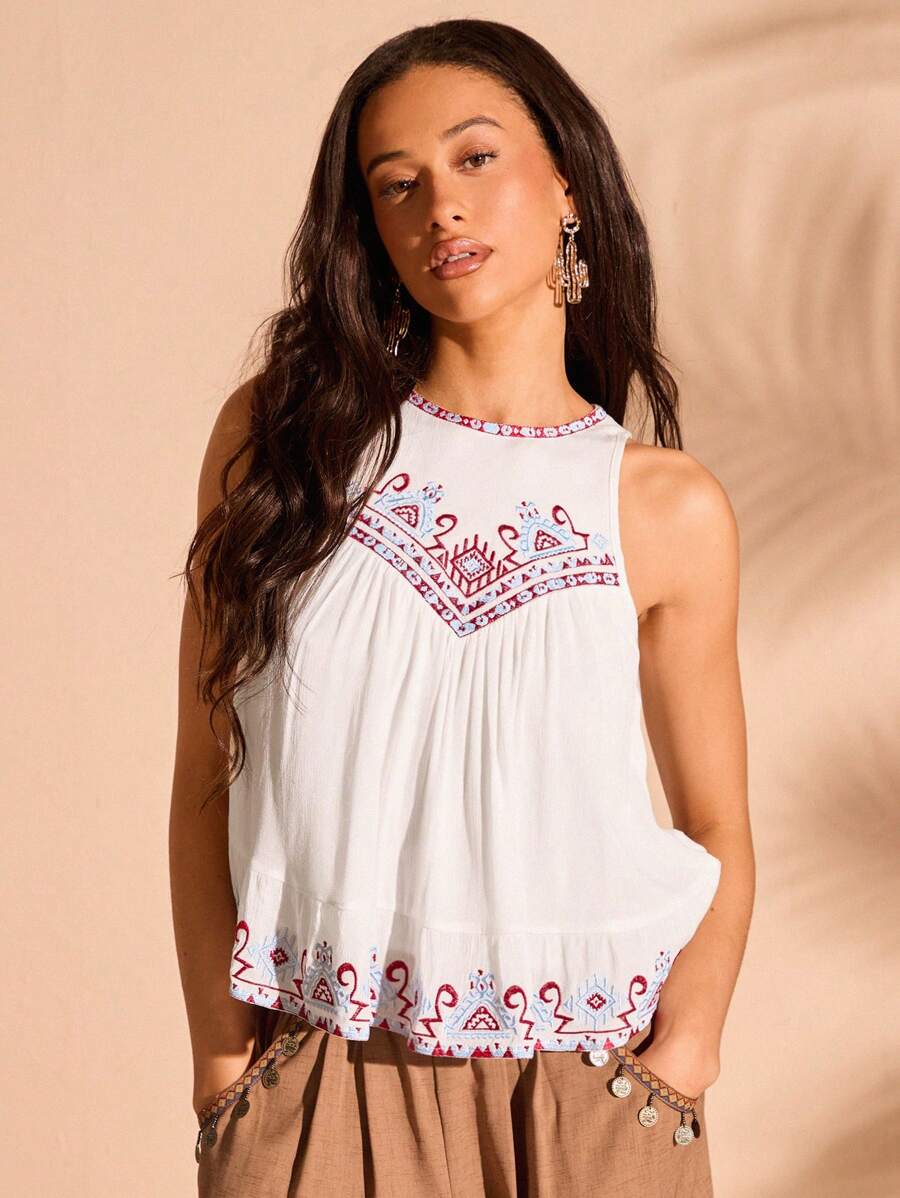 Forever 21 女性定位繡花和褶皺細節背心上衣 - 白色 - 查看 1