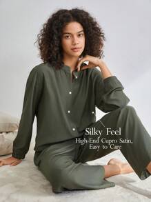 Ocili Leisure Women's Stand Collar Single-Breasted Homewear Top - Army Green - View 1