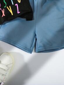 Young Boy 2pcs/Set Letter Printed Short Sleeve T-Shirt And Solid Color Shorts - Black - View 6