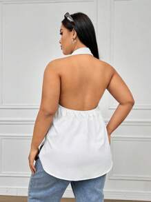 SHEIN EZwear Plus Size Halter Neck Sleeveless White Shirt Top - White - View 2