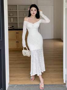 DAZY 女士蕾丝长袖A字型正式派对/返校礼服优雅吊带裙，秋季连衣裙 - 白色 - 查看 3