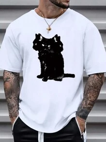 Men's Cat Printed Short Sleeve T-Shirt - White - View 1