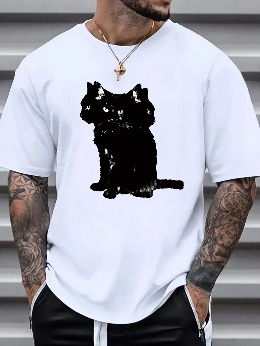 Men's Cat Printed Short Sleeve T-Shirt - White - View 1