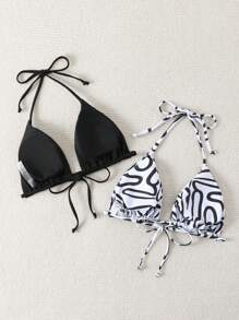 SHEIN Swim Women's Summer Beach Halter Neck Bikini Top - Black and White - View 2