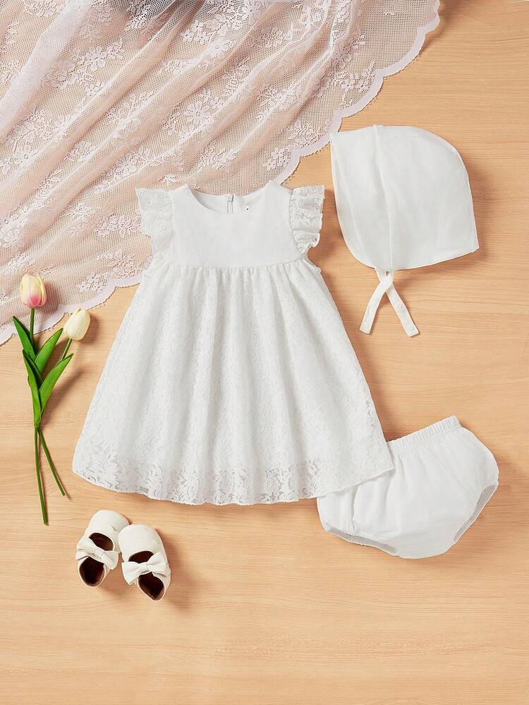 Baby Girl's Knitted Floral Lace Cap Sleeve Dress With Shorts And Hat, Perfect For Vacation