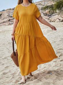EMERY ROSE Vestido Amarillo De Verano Para Mujer Con Cuello Redondo, Manga Corta Y Dobladillo Con Volantes En Talla Grande - Mostaza Amarilla - Ver 5