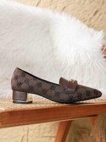 女士时尚舒适尖头粗跟乐福鞋，饰有虎头金属扣和印花设计，优雅大方，女士高跟鞋 - 棕色 - 查看 6