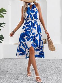 Breezaya 女士v領拼接葉子印花連身裙 - 藍白色 - 查看 3