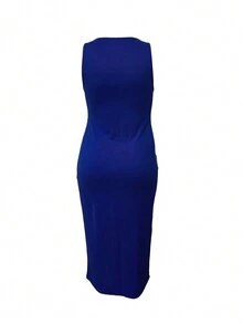 大码女式时尚纯色修身罗纹休闲深V领街头性感长款无袖紧身连衣裙