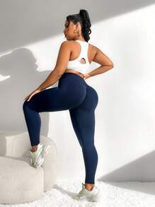 大尺碼單色運動打底褲 - 藍色 - 查看 6