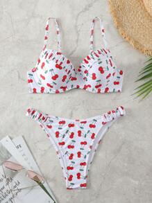 Swim Mod Conjunto de bikini acolchado con copas con aros, estampado de cerezas y drapeado, conjunto de bikini travieso, traje de baño para playa y vacaciones de verano - Multicolor - Ver 2