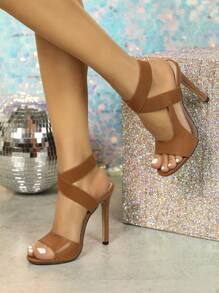 时尚红色露趾 12 厘米超高跟凉鞋，优雅女士婚鞋 - 棕色 - 查看 4