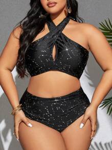 SHEIN Swim Curve 大码女式星星印花交叉吊带比基尼套装，比基尼套装海滩泳装泳衣夏季海滩 - 彩色 - 查看 1