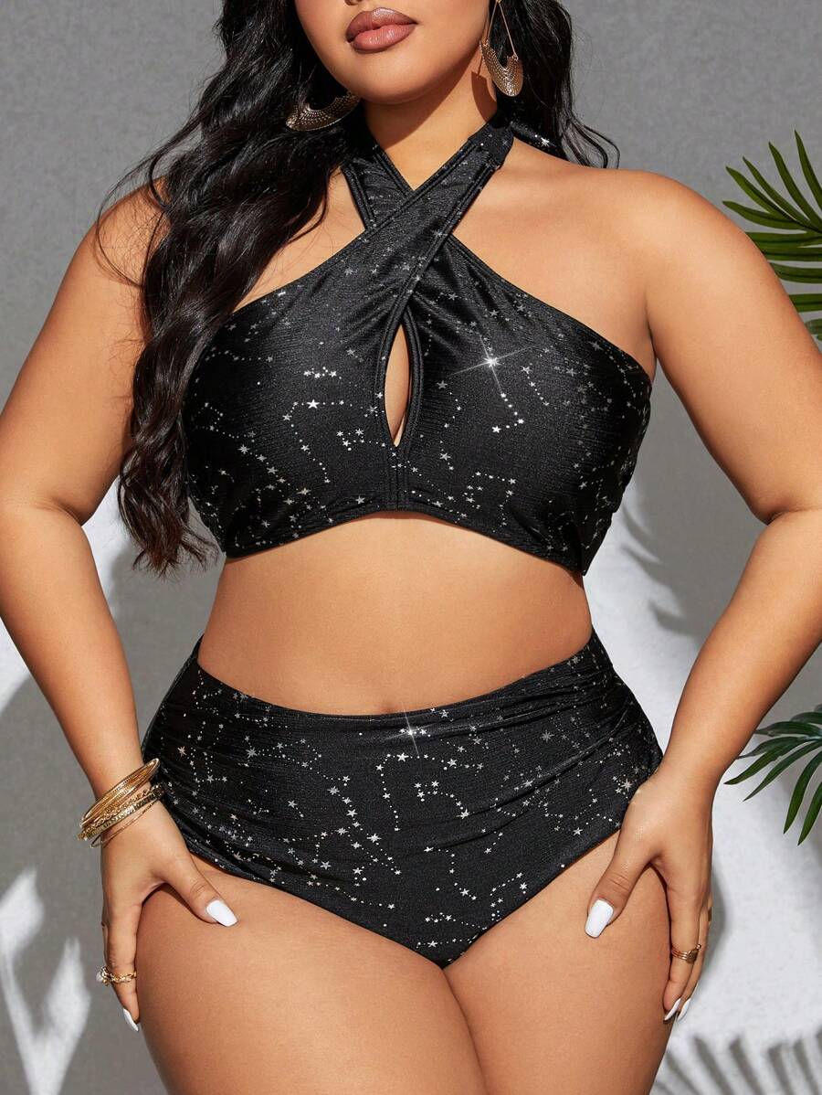 SHEIN Swim Curve 大码女式星星印花交叉吊带比基尼套装，比基尼套装海滩泳装泳衣夏季海滩 - 彩色 - 查看 1