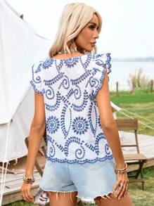 SHEIN VCAY 刺繡方領荷葉邊襯衫,配飾邊緣,適用於春/夏假期 - 藍白色 - 查看 2
