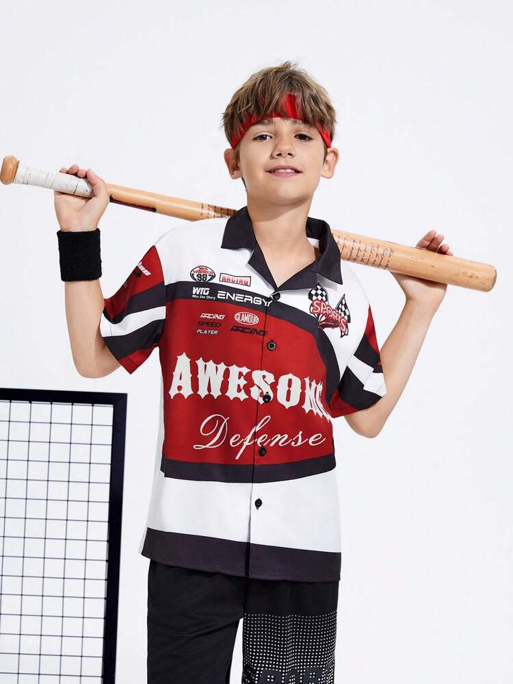 Tween Boy's Loose Fit Sports Style Short Sleeve Shirt With Color Block And Letter Pattern Collar