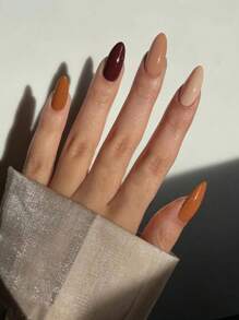 VV MEI JIA ER 4種顏色（共96片）秋冬裸色實心閃亮設計自然假指甲中號杏仁形設備套裝，備有收納盒作為女士和女孩的禮物送上，內附1張膠帶和1支指甲銼，為指甲配件 - 彩色 - 查看 2