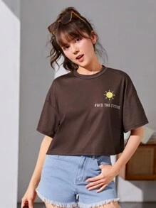 Thiếu niên Cô gái Lỏng lẻo Ngắn Top Cây trồng Áo thun Với In thư Ba Bộ - Nhiều màu - Xem 4