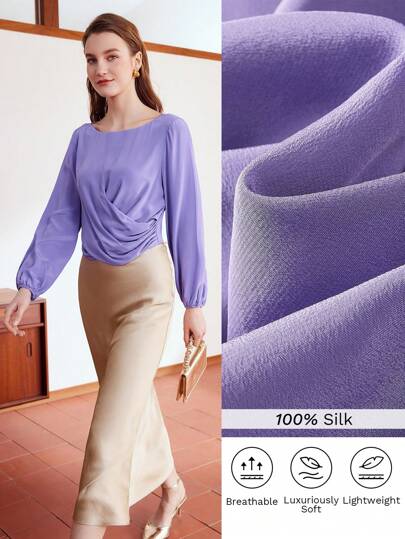 MOTF PREMIUM Blusa De Seda Con Cuello Barco, Manga De Farol Y Cruce