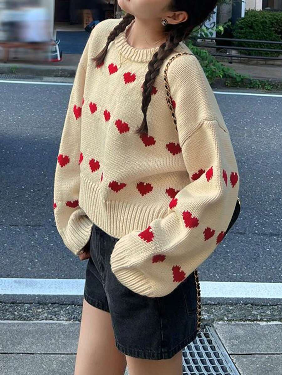 情人节心形图案宽松休闲毛衣 - 杏色 - 查看 1