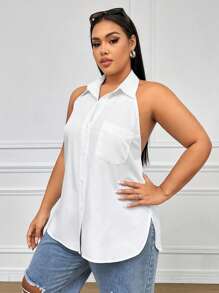SHEIN EZwear Plus Size Halter Neck Sleeveless White Shirt Top - White - View 1