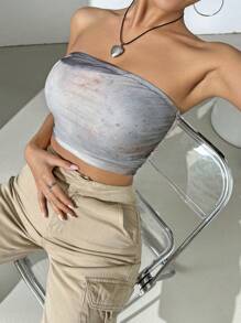 SHEIN EZwear Tie-Dye Printed Mesh Strapless Top For Women - Multicolor - View 3