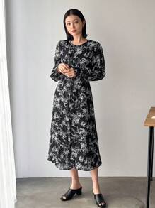 FRIFUL Designer Women's Full Bloom Floral Printed Plisse Pleated Dress With Round Neckline And Ruffle Sleeves,Fall Dress Long Sleeve Dress Vacation Outfits Women Boho - Multicolor - View 2