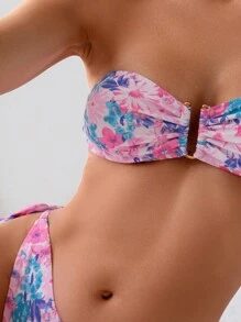 SHEIN Swim Summer Beach Women's Flower Print Bikini Set With Ruched Bust, Side Tie Bikini Set Strapless Bikini Set - Multicolor - View 5