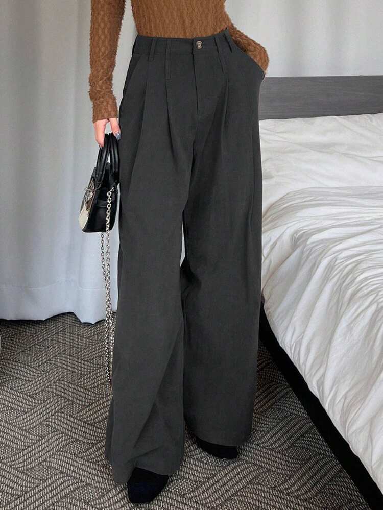 Women's Solid Color Pleated Loose Fit Casual Pants With Pockets Fall
