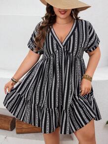 SHEIN VCAY Kích thước lớn Của phụ nữ Sọc Cổ chữ V Kỳ nghỉ Đầm - màu đen - Xem 4