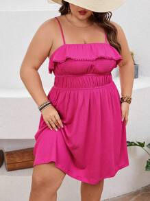 SHEIN VCAY Plus Size Textured Cinched Waist Ruffle Trim Decor Spaghetti Strap Dress