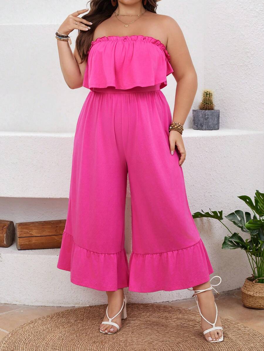 SHEIN VCAY Kích thước lớn Màu thuần Lỏng lẻo Quây Áo liền quần Với Xù Hoa Sen Thiết kế - Màu xanh hải quân - Xem 1