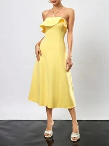 GENKIRA Asymmetrical Hem Strapless Dress With Gathered Waist - Mustard Yellow - View 6