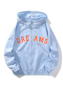 Men's Letter Printed Zipper Closure Drawstring Hooded Jacket