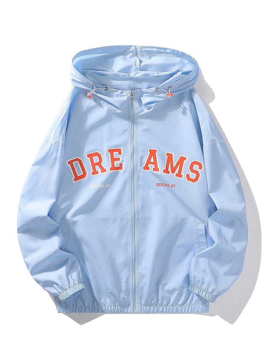 Men's Letter Printed Zipper Closure Drawstring Hooded Jacket