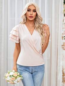 SHEIN Clasi Camisa Coral Casual De Cuello En V, Con Detalles De Volantes Y Decoración De Color Sólido - Albaricoque - Ver 5