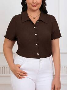 SHEIN Frenchy Plus Size Solid Color Texture Henley T-Shirt - Coffee Brown - View 3