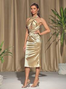 Dayra Couture 设计师露背缎面优雅连衣裙，适合节日、派对、节日、生日服装、婚礼舞会礼服 - 黃色 - 查看 6