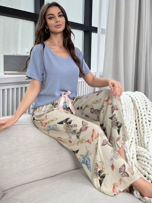 Set de pijama casual în culori solide și pantaloni de pijama cu imprimeu floral și funde contrastante, vacanță