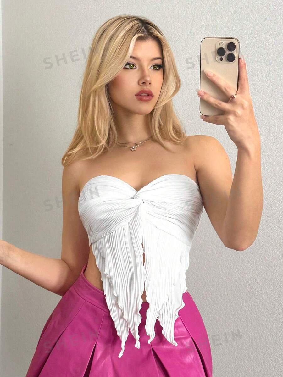 Sweetina Conjunto de 2 piezas para mujer estilo Y2K de primavera, top sin tirantes con nudo retorcido de unicolor y frente dividido, adorable conjunto de top de verano