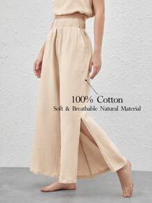 Ocili 加大號柔軟透氣輕盈絨布拆分式高腰休閒長褲-卡其色