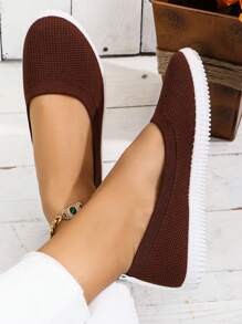 女款簡約編織款懶人運動鞋,棕色圓頭戶外休閒運動鞋 - 棕色 - 查看 4