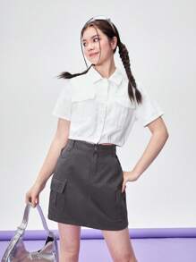 Teen Girls' Casual Comfortable Simple Shirt And Bodycon Work Skirt With Pockets 2pcs/Set - Multicolor - View 1