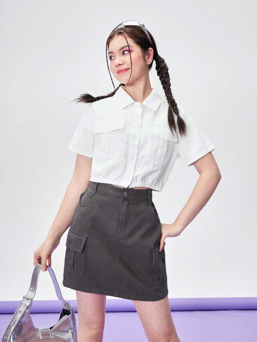 Teen Girls' Casual Comfortable Simple Shirt And Bodycon Work Skirt With Pockets 2pcs/Set - Multicolor - View 1