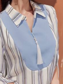 Al Najma 拼接條紋流蘇邊分叉袖連衣裙 - 藍色 - 查看 7