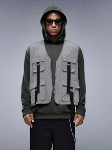 Manfinity VCAY 男士宽松拉链前翻盖口袋背心，适合秋冬 - 灰色 - 查看 4