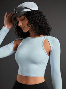 In My Nature Women's Letter Print Hollow Out Slim Fit Cropped Outdoor T-Shirt - Blue - View 7